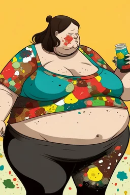 Fat Woman, 180 cm tall, weight approximately 250 kg. In a cow-patch bikini, she is eating and her belly is bloating very much, it is obvious that it is full.