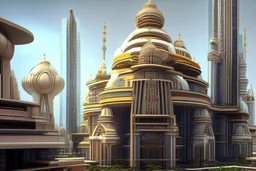 Grand scale Indian city, modern futuristic, inspired by hindu Architecture, show skyline, entire city, modernized glass structures with hint of hindu Architecture desgins