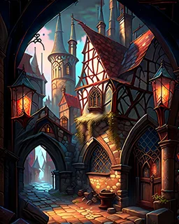 medieval fantasy cobblestone town with stained glass window buildings fairytale rpg art