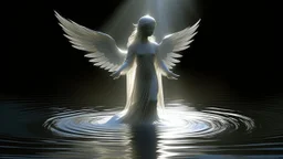 The water is depicted in a light, almost translucent manner with a gentle ripple effect, reflecting the light in a way that creates a shimmering effect. The water appears to be shallow, with a smooth surface that transitions from a lighter shade at the top to a slightly darker shade towards the bottom. The angel has a slender, elongated body with a smooth, flowing form. It is adorned in a flowing, purple robe that drapes elegantly around its form. The angel's head is slightly tilted upwards, and