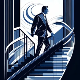 generate a detailed illustration of a businessman climbing stairs, focus on navy blue, black and white colors.