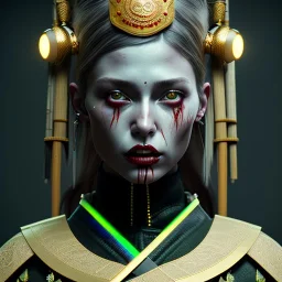 Swedish woman, rounded face, blood, black, flower, green, samurai helmet, decorative color feathers, retro, bamboo, leather, soft color, highly detailed, art stations, concept art, smooth, unreal engine 5, god rays, ray tracing, RTX, lumen lighting, ultra detail, volumetric lighting, 3d, finely drawn, high definition, high resolution.