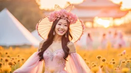 A gorgeous smiling Asian model in a fairy outfit in a field of flowers at sunset a crystal castle at background