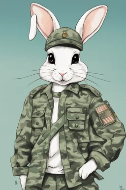 A pfp of a cute army bunny with army hat, camo shirt