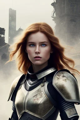 ultrarealistic, ruined city,__sci-fi armor__, __angles__, 18 year old woman, strikingly beautiful, ginger hair, _colour_, [__starlets__|__starlets__], (pale __skincolor__ skin:1.2), __camera__, _hair_, detailed face and eyes, medium breasts, leather choker, freckles, dynamic pose, resolved expression, __accessory__, strappy outfit, (straps:1.1), sword in scabard on left hip, (buckles, buttons, snaps, rings:1.0), haltertop style breastplate, detailed eyes, plump lips, sci-fi theme