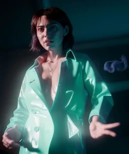 Ultra Realistic image, photo studio, medium shot view, a woman making the fuck off gesture with his finger, blue smoke coming out of his nose and mouth, happy. Latex inflatable coat, soft color, highly detailed, unreal engine 5, ray tracing, RTX, lumen lighting, ultra detail, volumetric lighting, finely drawn, high definition, high resolution.