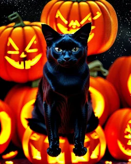 black cat on Halloween dancing with pumpkins in the photo of the starry sky