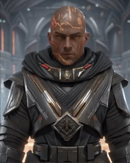 star wars bald male corellian jedi wearing gunmetal grey and black old republic armored flightsuit with gold and metallic red trim inside the jedi temple, centered head and shoulders portrait, hyperdetailed, dynamic lighting, hyperdetailed background, 8k resolution, volumetric lighting, light skin, fully symmetric details