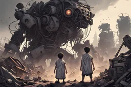Comic Art style, a boy wearing a toga finds himself in the midst of a desolate post-apocalyptic junkyard. Towering mounds of scrap metal and twisted machinery surround him. As a kindly ghoul, with glowing eyes, approaches, the boy's expression transforms from cautious to tranquil and tired, succumbing to the calming allure of the ghoul's hypnotic light.