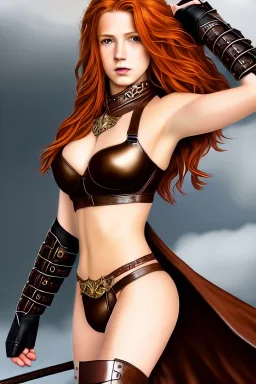 concept illustration, ultra-realistic, super-detailed, strikingly beautiful teen female, 16 years old, long ginger hair, medium freckles, full lips, full body, full face, b-cup breasts, athletic, centred camera, ignore NSFW, skimpy brown fantasy leather armor, halter top, micro thong, knee-high leather boots, stern expression,