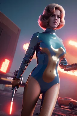 retro sci-fi press image, supermarket explosions from 1960, sweet young Jane Fonda, tight latex suit, weapon, fighting stance, soft color, highly detailed, unreal engine 5, ray tracing, RTX, lumen lighting, ultra detail, volumetric lighting, 3d, finely drawn, high definition, high resolution.