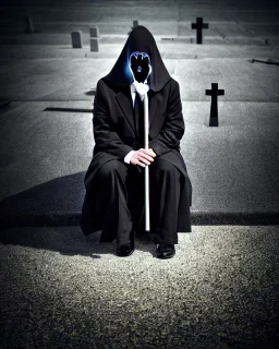 photo of a hoodless grim reaper wearing a suit, highlighting shiny areas of the skull, sitting outside a cemetery with a welcome sign, wearing suit, rim lighting, studio lighting, looking at the camera, dslr, ultra quality, sharp focus, tack sharp, dof, film grain, Fujifilm XT3, crystal clear, 8K UHD