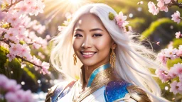 Portrait of a gorgeous smiling asian goddess with a golden dark skin, long smooth white hair, blue eyes, in a sci-fi outfit with luminous strikes in a hill of flowers with sakura trees, a small torrent, loads of mini flowers, moss, sun rays through the branches, particles in the air at spring