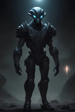 An alien in the dark, deserted Guard looks impressive, his armor flickers