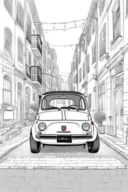 outline art for an adults coloring page, Fiat 500 in an Urban Alleyway , white background, detailed sketch style, no color , only use outline, clean art , white background, no shadows and clear well outlined,