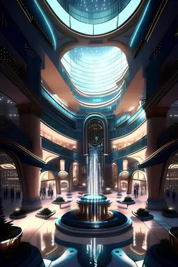 10k hyper realistic detailed luxury futuristic shopping mall indoors, populated, fountains, lights, night