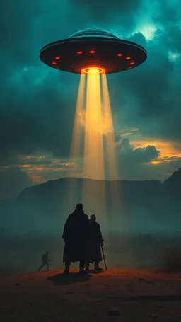 Bosch painting style nightmare , 3D ,a group of men in black led by ufo on the ground in a dramatic misty scene of the sunset time in a stormy weather in the desert background, high Quality picture , 8k
