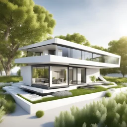 Stunning 3D rendering of a modern, eco-friendly solar house, it is designed with clean lines and features solar panels, elegant windows and a green roof garden. The setting is a pristine white background, emphasizing the innovative and futuristic nature of the house. The overall atmosphere is minimalist and welcoming, showing a sustainable living solution for the future