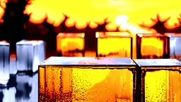 Grayscale abstract sculpture park, art style watercolor painting, metal smooth abstract shapes in distance, glass cubes with vivid dark amber glass in foreground, soft golden hour lighting