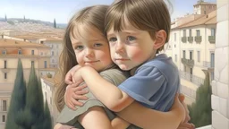 Neoclassicism little girl hugging little boy realistic cote d'azur