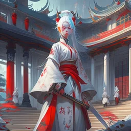 UHD, hd, 8k, oil painting, hyperrealism, Very detailed, zoomed out view, full character in view, white hair female demon character wearing a hanbok with a white top and long red bottom, she holds a katana in her right hand, she stands in front of a Japanese style palace digital art, anime, full details