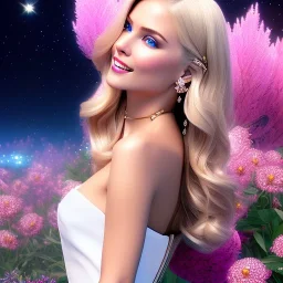 Full body Princess, sexy woman blondie, make up, beautiful smiling face,blue eyes, beautiful place,amazing, flowers, colors, blue and pink butterfly, realistic, photo real, stars night, detailed, high contrast, 8k high definition, unreal engine 5, extremely sharp detail, light effect, light background