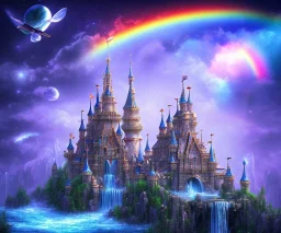 castello magico con cascate, arcobaleno cielo stellato+ astronavi nel cielo e ragazze dal viso bellissimo