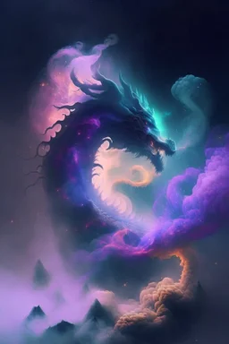 fog and smoke in a shape of a monsterous dragon and a colour of cosmos aurelion sol