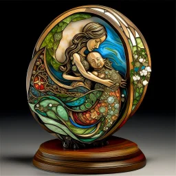 🔥 PROMPT: A surrealistic art piece featuring Mother Earth cradling Planet Earth in her arms. The sculpture is intricately carved from interlacing wood, with stained glass inlays that illuminate the artwork. The filigree design draws inspiration from Irish folk art, blending the styles of James Rizzi, Mary Anning, Rufino Tamayo, and Carl Kleiner. Set against a dark background, the illuminated sculpture installation presents a stunning fusion of nature and art, with detailed craftsmanship and vib