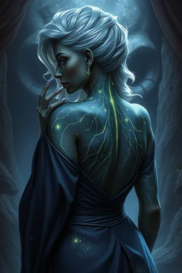 Please generate a female earth genasi cleric in the tempest domain for D&D. She should have dark-colored skin with glittering sparkles like gem dust. She should have lines marking her skin like cracks, showing glimmering gem-like veins and a faint glow. Her hair should appear carved of crystal. She should be in her mid-40s and curvy and fully-clothed in cleric robes.in the back ground scary face in her back try to touch the girl