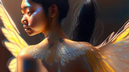 beautyfull asiatic woman, art by kiera malone , concept art modern photorealistic, in the style of , Artstation, sunlight, Unreal Engine sharp fine details trending on artstation reflections 4k ultra realistic post-processing A detailed illustration of a beautiful young female human with growing out of her back. Her skin, hair and face are all made of paint. Her wings are spread. Front view. Highly detailed flawless facial features and eyes. Abstract Oil painting splash art. White ba