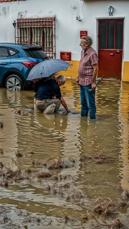 A natural phenomenon, floods in an Alentejo village with two politicians on the scene 1943. Mario Soares and Cavaco Silva- Shot on Canon EOS R5, 50mm lens, depth of field, shutter speed 1/1000, f/2.8, white balance, 6000k. High resolution, realistic details, HDR efects, film grain, 4K. –ar 9:16 –s 700 –q 5