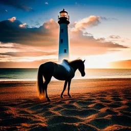 fullbody Drawing of 'beutiful Horse on beach, clouds, lighthouse,rocks,beautiful sunset',intricate detail,andrea bonelli,Kilian Eng,Ohrai,evan lee,Aleksandr Sidelnikov,KyuYong Eom,three quarters frontal aerial view,toned colors,16k