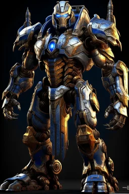 Ironclad stands at an imposing 8 feet tall and is heavily armored with a combination of sleek metallic plating and blue energy accents. Its body is adorned with a polished, reflective surface, giving it a distinct and imposing presence on the battlefield. His waist is snatched. His design is HEAVILY inspired by Nullsector from Overwatch