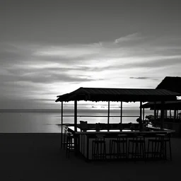 Terraza de un chiringuito frente a la playa al atardecer, fotografía realizada con una cámara Leica y con un objetivo de 50 mm, fotografía real, fotografía en blanco y negro