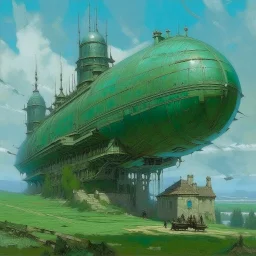 A mint colored stronghold on an airship painted by Claude Monet