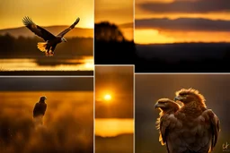 Prompt: Golden Hour The golden hour, occurring after sunrise and before sunset, bathes scenes in a gentle, amber glow. It’s perfect for producing nostalgic or romantic images. pouncing, golden eagle, golden hour backlighting, rim lighting, dark ambience, crepuscular rays, dynamic colours --ar 850:512 --iw .5 --s 50