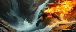 pin hole picture, master oil painting by Rembrandt, good afternoon turtle dragon with fire breath rushing down a water fall, in mountain pass, sci fi, cyberpunk, lol