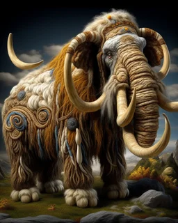 An ultra-detailed, ultra-intricate image of a wooly mammoth, almost entirely composed of yarn instead of fur. The Flo 'n Images shows a patchwork of yarn in tans, whites, & black in place of the hair. His face has tightly knitted cashmere yarn with expressive eyes. Other than his yarn coat the wooly mammoth is realistic looking and is in a beautiful hendry fantasy landscape of lakes and unusual plants, his fur is made of yarn with several skeins of yarn balls. The fantasy landscapte merges with