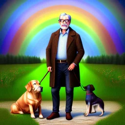 old man with glasses, with dog, on the rainbow bridge