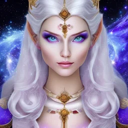 cosmic mage, elf, female, battle mage, epic, cosmic magic, long ears, white hair, face details, pale skin, jewellery, broad shoulders, sharp ears, cosmic clothes, cosmic eyes, ears shown, light out of eyes, the cosmos in eyes, stars in eyes, shining eyes, non human face, thin face, animation, detailed ears, magical eyes, non realistic, closed mouth