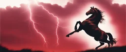 full silhouette of a horse rearing up(on left side, outlined by lighting), red sky, lightning bolts(from top to bottom left), in the speed force