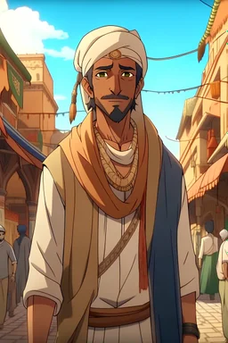 Morrocan hero in anime in marrakech with his upper body in souk