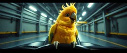 car driving happy 2d fluffy quickling parrot in the style of Escher and Giger and Fallout 4, pinhole cam, airbrush 3d rendering, on tv screen:A five-second cinematic single take in a clean industrial presentation hall.