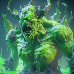 giant radioactive demon lord covered in glooming green slime, unreal engine 5, 8k resolution, photorealistic, ultra detailed