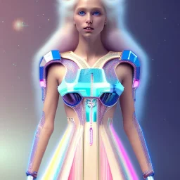 Fuul body white woman with legs, long blond hair, blue eyes, pink and blue dress in a galactic ambiance, delicate colors in the foreground, full of details, smooth, light effect，vaporwave colorful, smooth, extremely sharp detail, finely tuned detail, ultra high definition, 8 k, unreal engine 5, ultra sharp focus