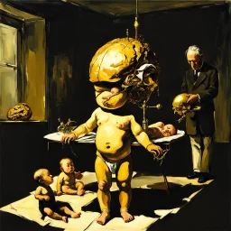 a huge golden brain supported by very small beautiful Asian female human bodies, complex surgical instruments mix a newborn boy between light and shadow, surrealism, symbolism, minimalism, sculpture by Adrian Ghenie, Lucian Freud, Rene Magritte, Salvador Dali