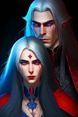 A couple, from the dnd game curse of Strahd. The woman has long white hair and blue eyes, the man has LONG BLACK hair and red eyes, no facial hair. He is standing protectively behind her.