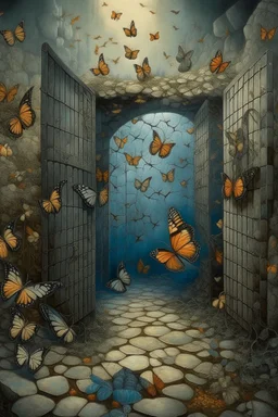 The prison of the butterflies, surreal, Busch painting style