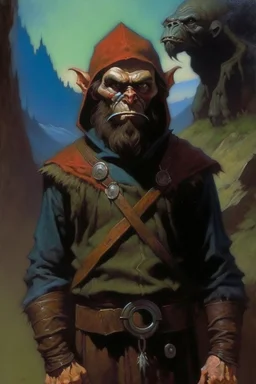 1970's dark fantasy cover dnd style oil painting of an orge with a half head hobo like hero with sport outfits with minimalist far perspective. Magazine.